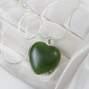 Sterling Silver Jade Necklace Green Nephrite Smooth Heart Pendant Large Simple Snake Silvertone Bail, 18"