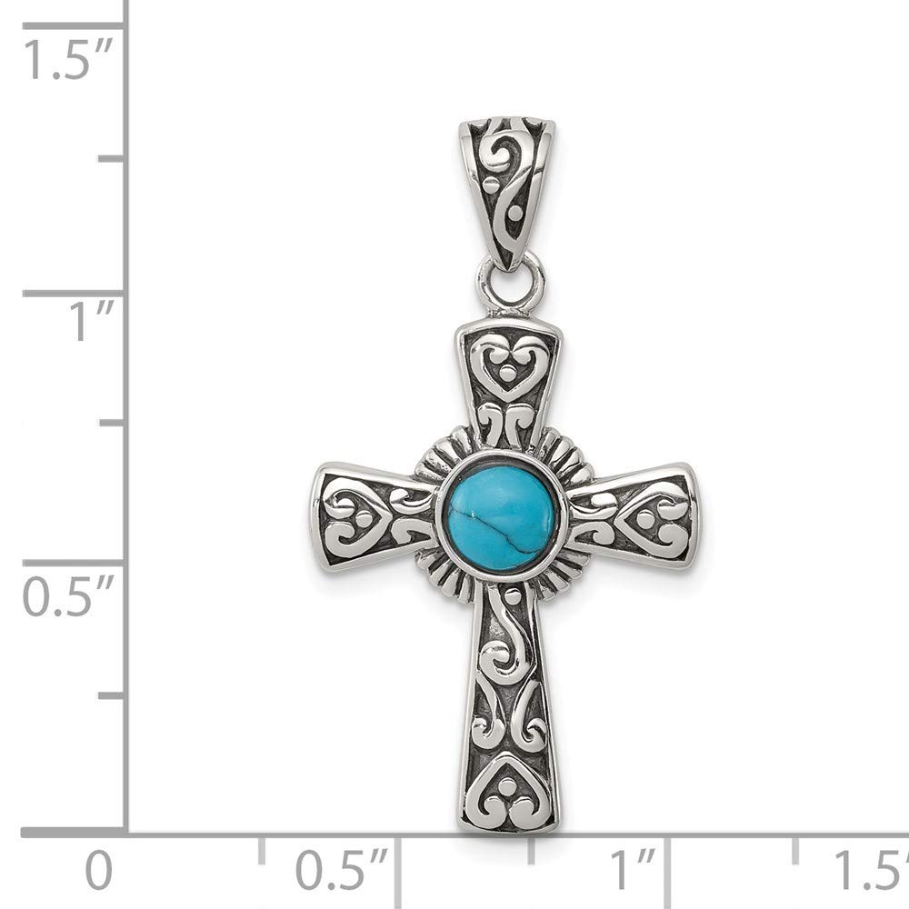 JewelryWeb - 925 Sterling Silver Oxidized Simulated Turquoise Cross Pendant - 20mm x 32mm - Artisan Cross Necklace - Handmade Cross Necklace - Christian Jewelry