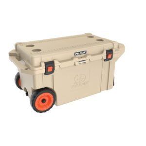 pelican 80qt elite wheeled cooler (tan) | 58 can capacity with ice | 10 day ice retention | built-in bottle opener | guaranteed for life