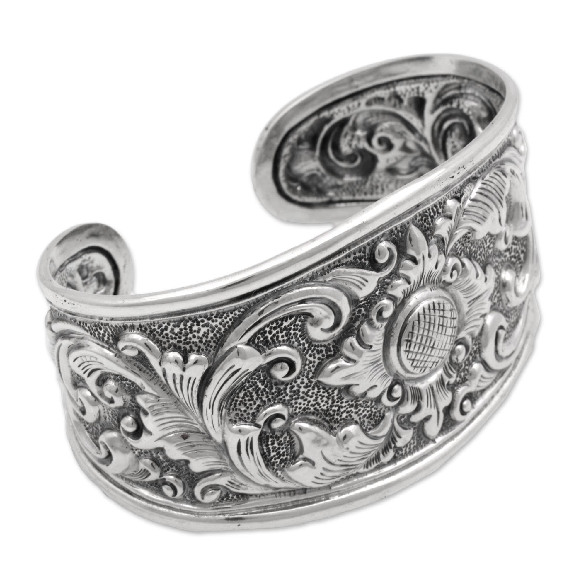 NOVICA Artisan Sterling Silver Cuff Bracelet Repousse from Indonesia No Stone Floral [6 in L (end to End) x 1.6 in W] ' Courageous Soul'