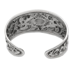 NOVICA Artisan Sterling Silver Cuff Bracelet Repousse from Indonesia No Stone Floral [6 in L (end to End) x 1.6 in W] ' Courageous Soul'