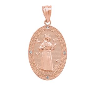 10k Rose Gold Saint Francis Of Assisi Diamond Oval Medal Charm Pendant (Medium)