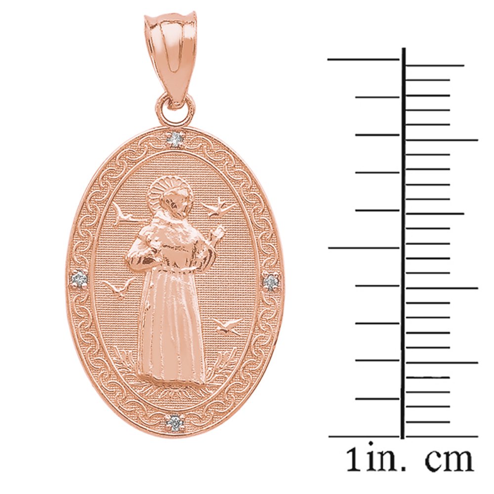 10k Rose Gold Saint Francis Of Assisi Diamond Oval Medal Charm Pendant (Medium)