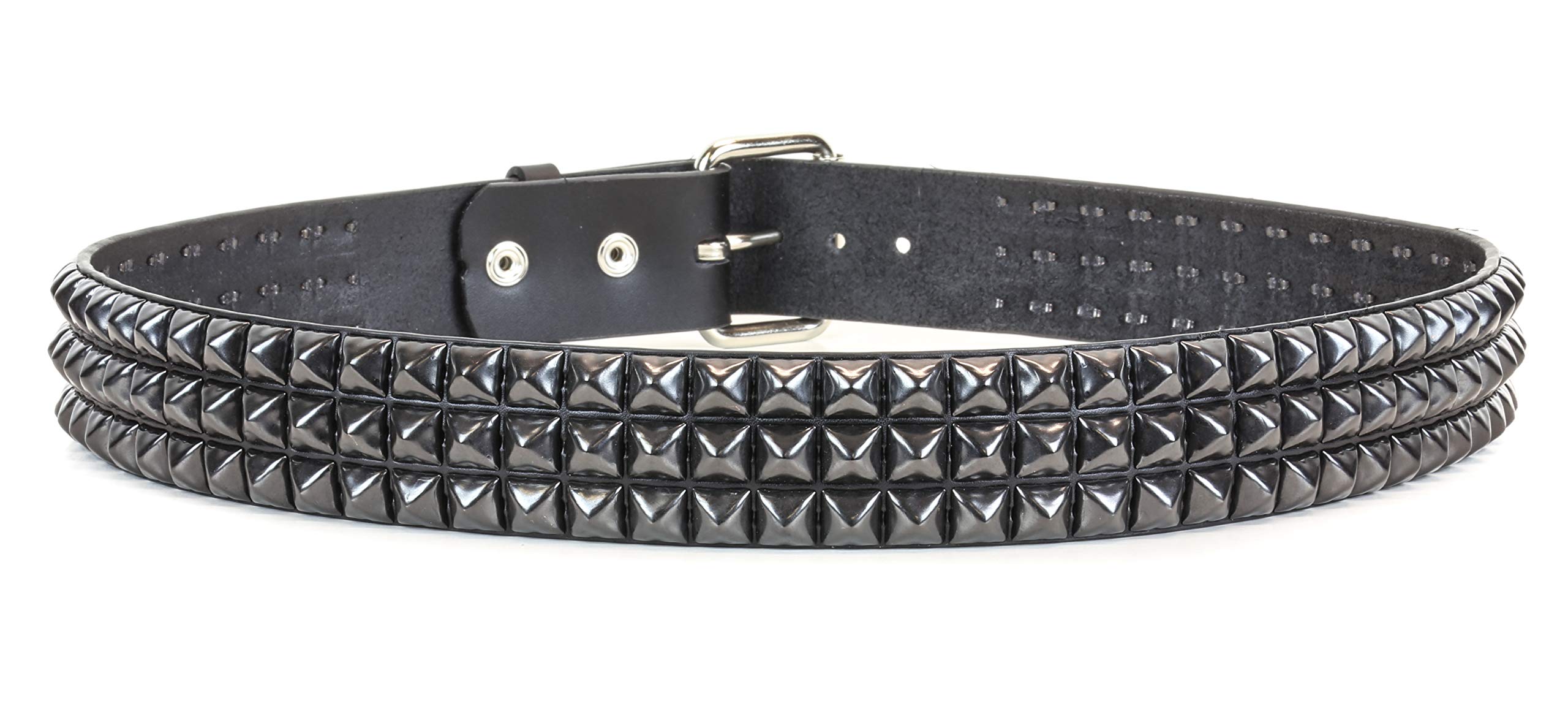 Three Row Black Pyramid Stud Belt Made In USA Genuine Leather Punk Goth Thrash Metal (XXXL-42)