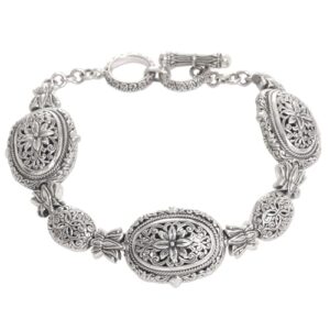 novica artisan handmade sterling silver link bracelet with floral motif indonesia [1.4 in l x 0.6 in w x 0.2 in d] ' lotus chain'