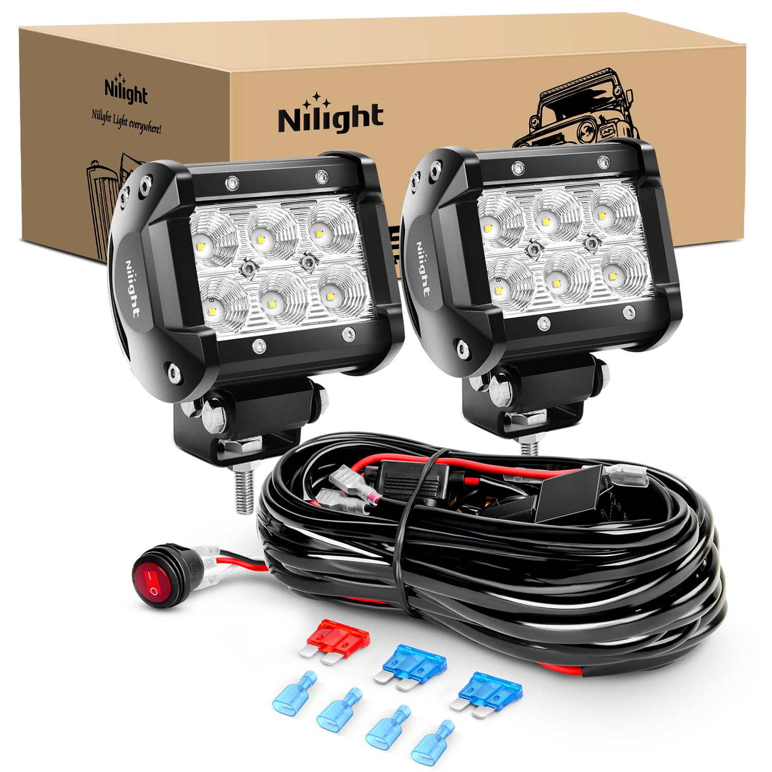 Nilight - ZH010 2PCS 4 Inch 18W Flood LED Light Bars LED Work Lights LED Fog Lights Off Road Driving Lights With Off Road Wiring Harness, 2 Years Warranty