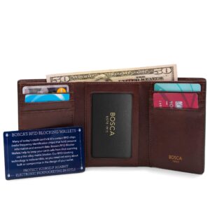 Bosca Men's Wallet, Dolce Leather Double I.D. Tri Fold Wallet with RFID Blocking, Dark Brown