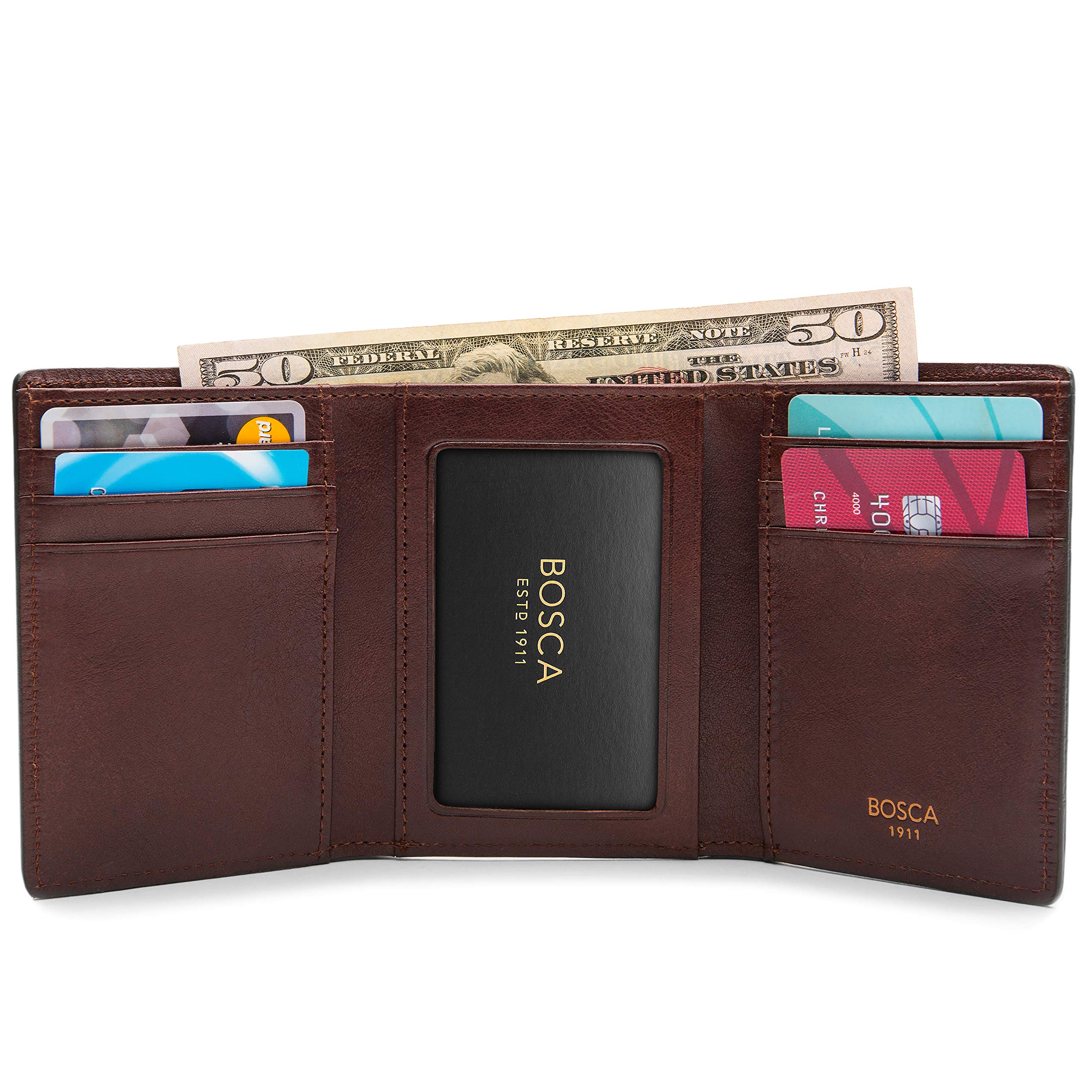 Bosca Men's Wallet, Dolce Leather Double I.D. Tri Fold Wallet with RFID Blocking, Dark Brown