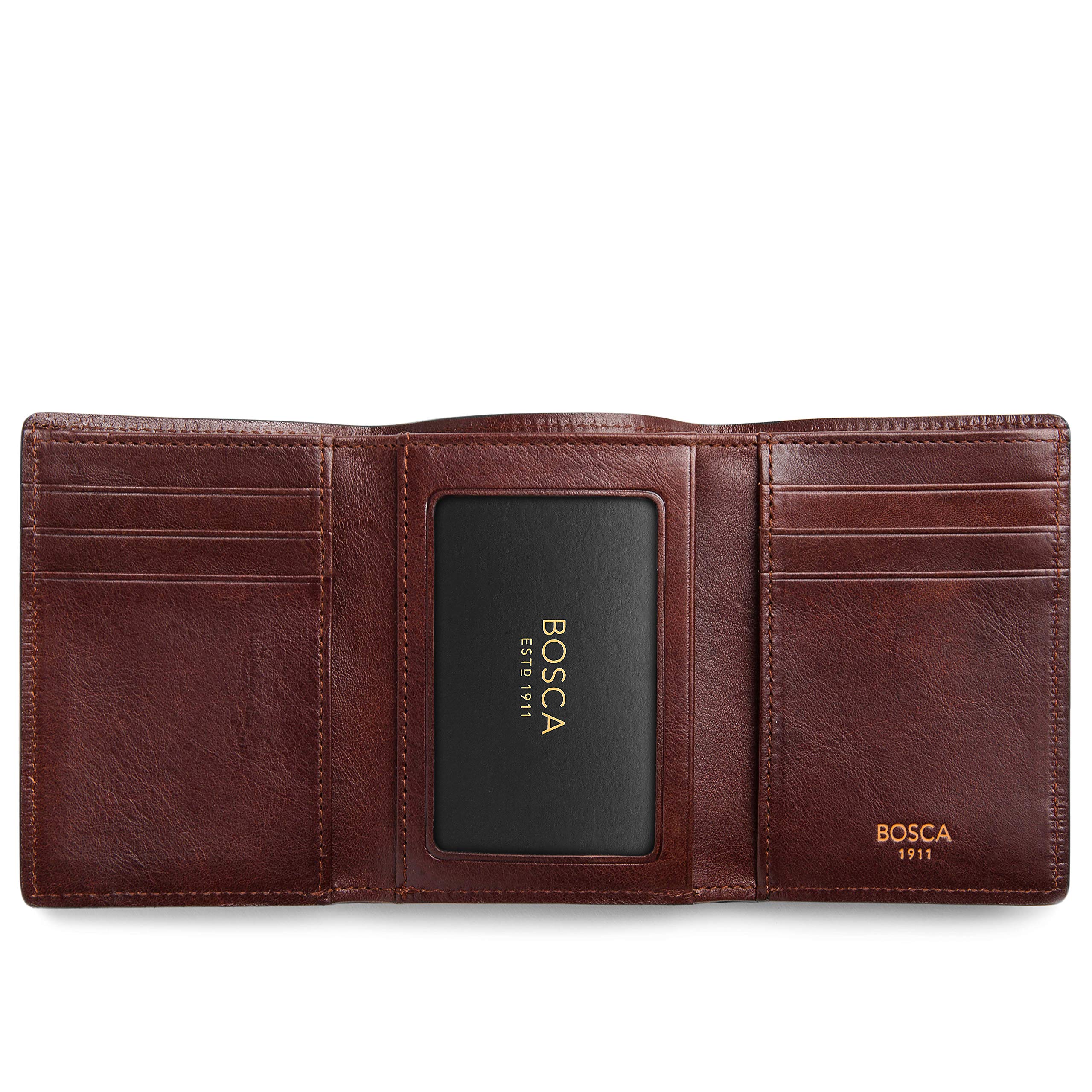 Bosca Men's Wallet, Dolce Leather Double I.D. Tri Fold Wallet with RFID Blocking, Dark Brown