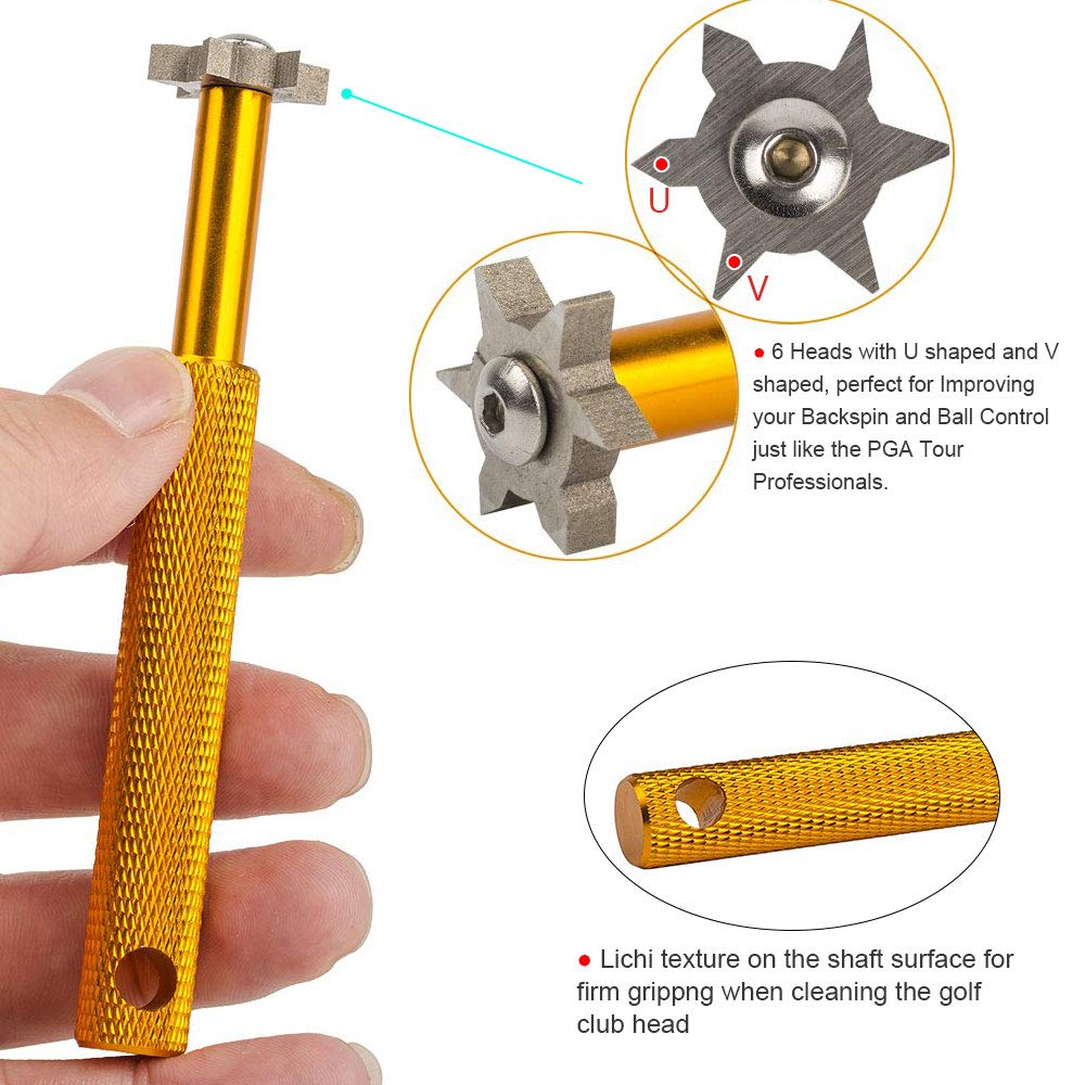 HIFROM Groove Sharpener with 6 Heads - Golf Club Groove Sharpener Re-Grooving Tool and Cleaner Replacement for All Irons Pitching Sand Lob Gap and Approach Wedges and Utility Clubs Gold Color