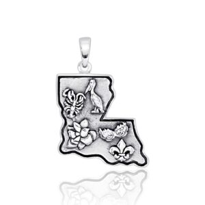 WithLoveSilver Solid 925 Sterling Silver Louisiana State Map and Five Symbols Fleur De Lis Pendant