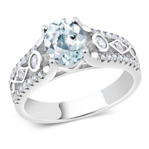 Gem Stone King 925 Sterling Silver Sky Blue Aquamarine Engagement Ring For Women (1.66 Center Stone: 8X6MM Oval, Gemstone Birthstone, Available In Size 5, 6, 7, 8, 9)