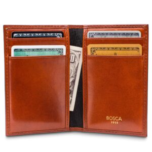 Bosca Men's Leather Card Holder Wallet – Italian Full Grain Vegetable Tanned Credit Card Case – 6 Card Slots, 2 Receipt Wells – Classic Glossy Finish – Gift-Ready Packaging - Amber Brown