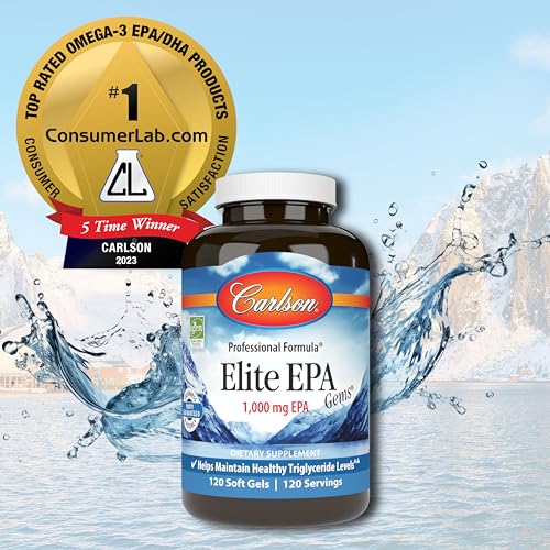 Carlson - Elite EPA Gems, 1000 mg EPA Fish Oil, Wild-Caught, Norwegian Fish Oil, Sustainably Sourced, Helps Maintain Healthy Triglyceride Levels, 120 Softgels