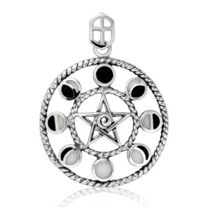 WithLoveSilver Solid 925 Sterling Silver Enamel Moon phase and star Pentacle Pendant