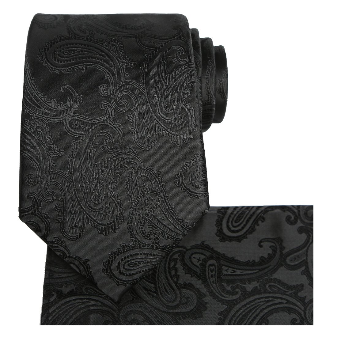 KissTies Extra Long Tie Set: Black Paisley Necktie + Hanky + Gift Box (63'' XL)