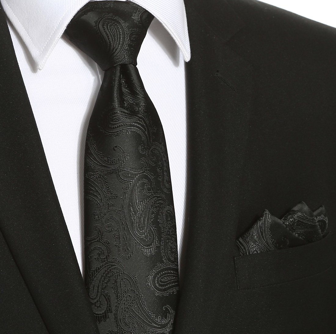 KissTies Extra Long Tie Set: Black Paisley Necktie + Hanky + Gift Box (63'' XL)