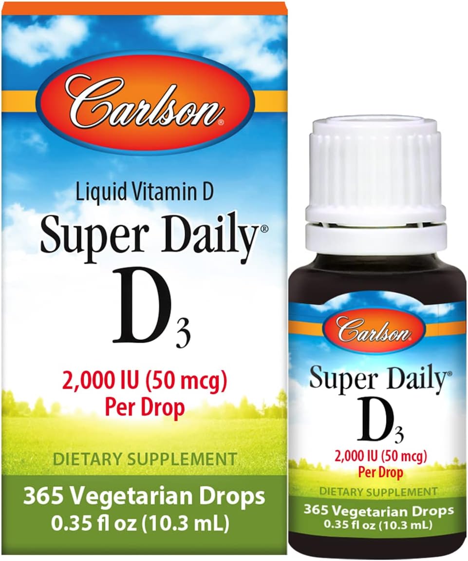 Carlson - Super Daily D3, Vitamin D Drops, 2,000 IU per Drop, 1-Year Supply, Vitamin D3 Liquid, Heart & Immune Health, Vegetarian, Liquid Vitamin D Drops, Unflavored, 365 Drops