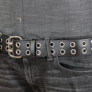 Two Row Eyelet Grommet Uniform Belt Made in USA Genuine Leather Punk Goth Thrash Metal (M-34) Black