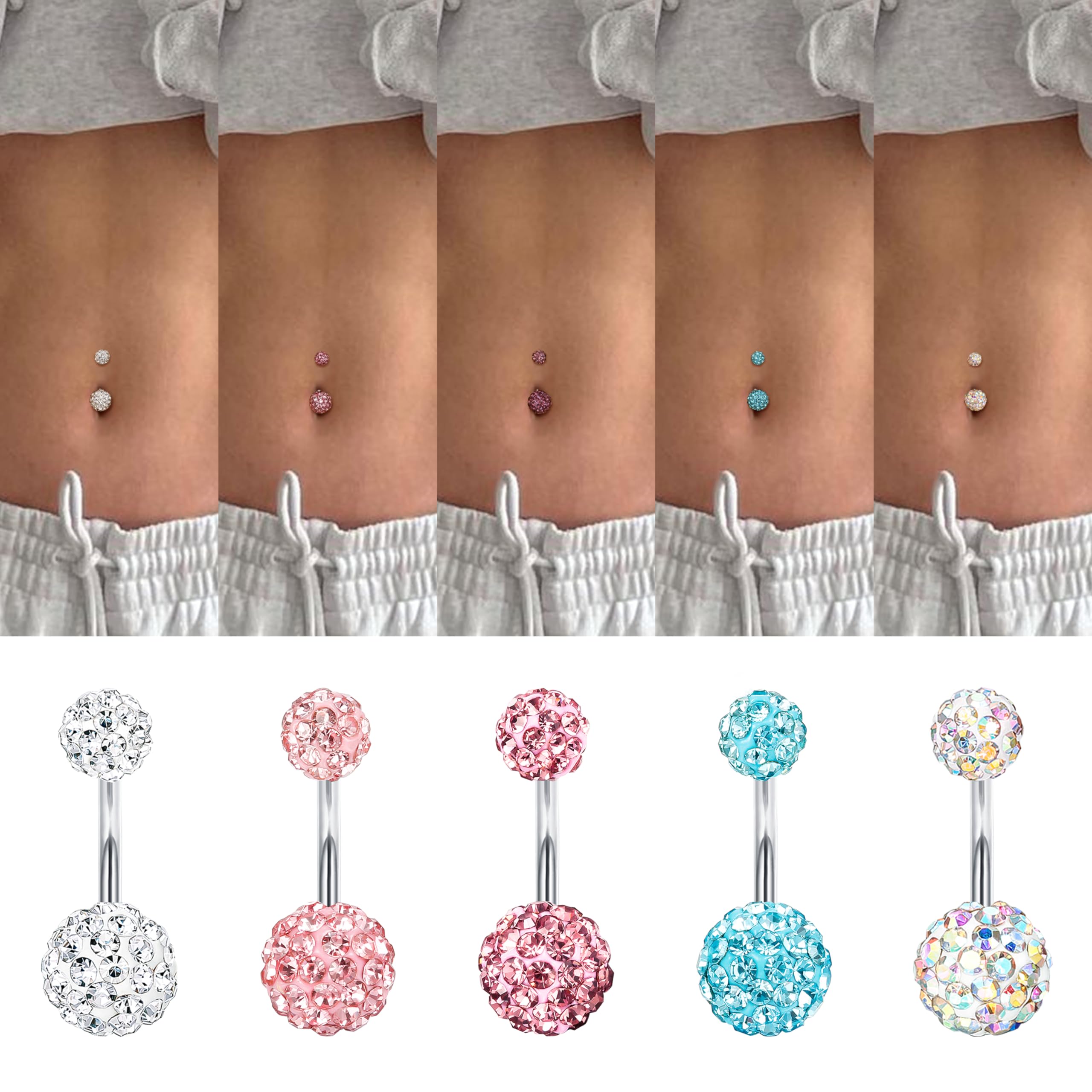 FIBO STEEL 5 Pcs 14G Stainless Steel Belly Button Rings Navel Barbell Body Jewelry Piercing P