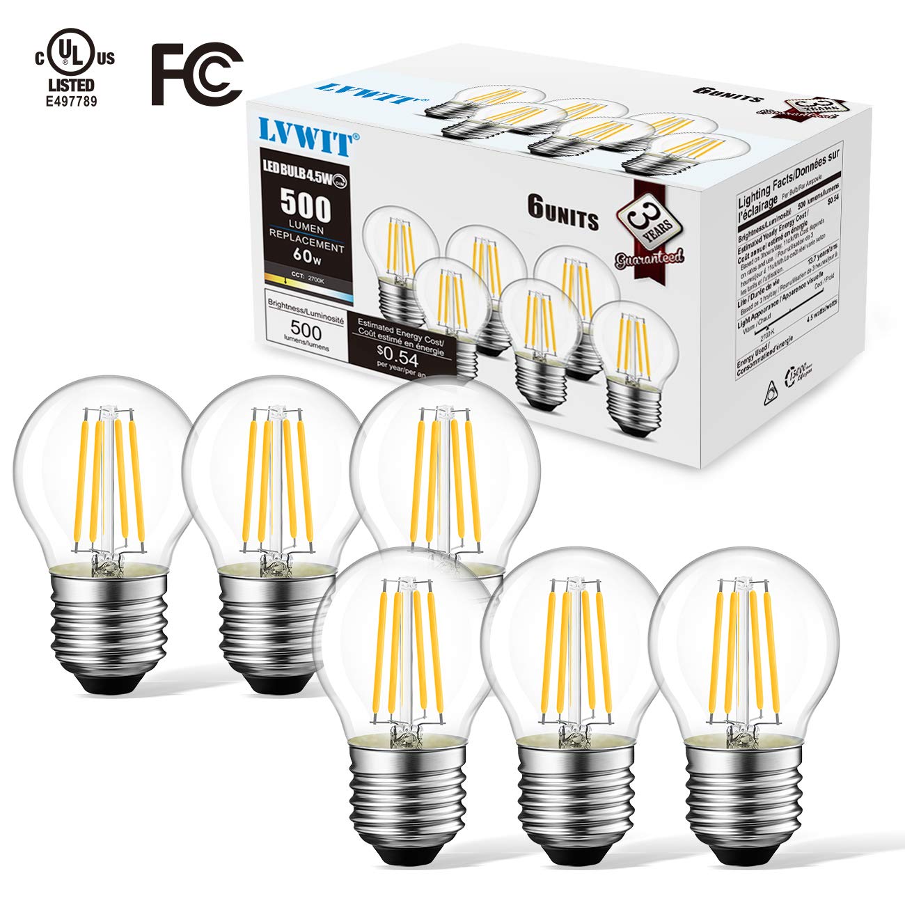 LVWIT G14 LED Filament Globe Bulb 4.5W(60W Equivalent), Dimmable 2700K Warm White E26 Screw Base, Decorative Edison Light Bulb, UL-Listed(6-Pack)