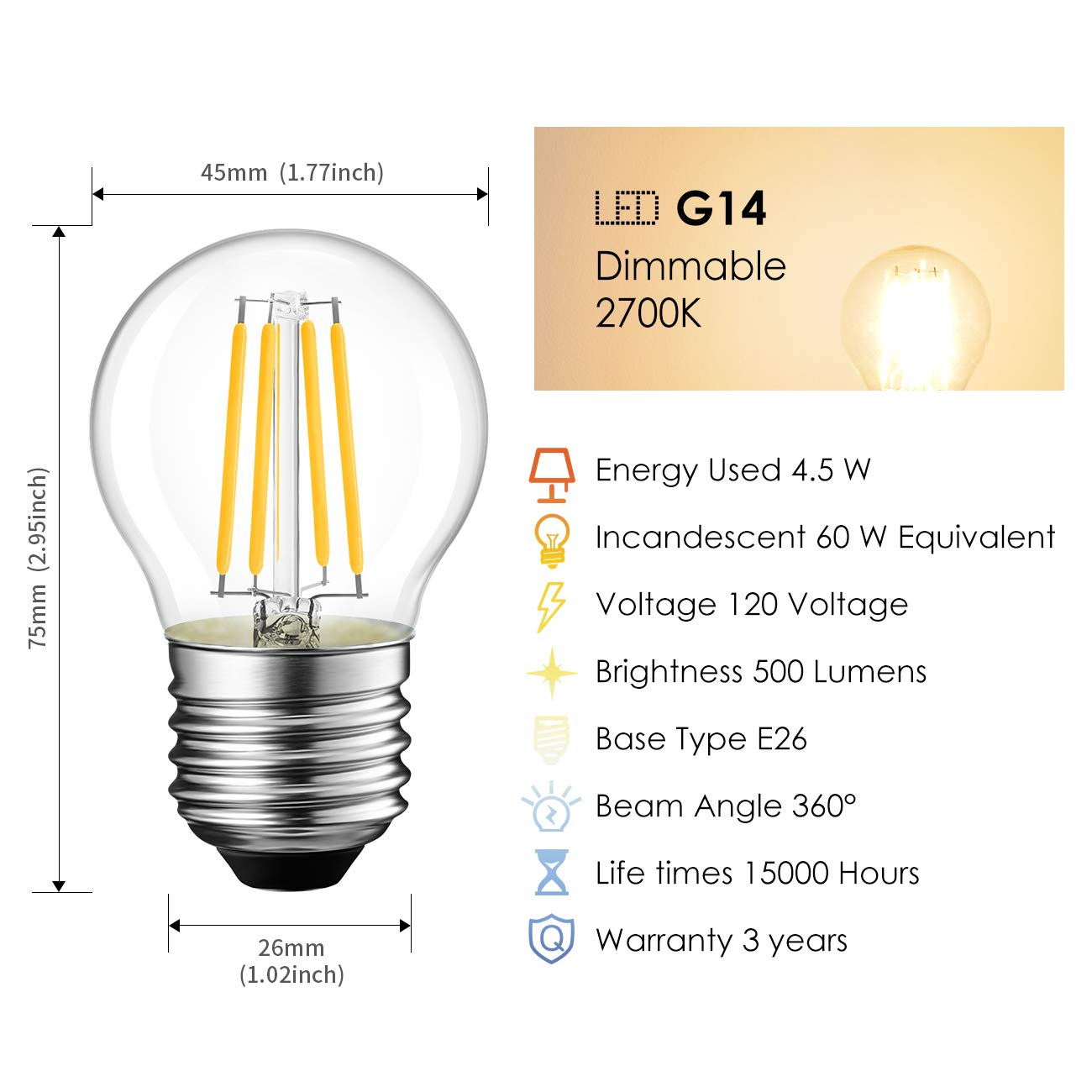 LVWIT G14 LED Filament Globe Bulb 4.5W(60W Equivalent), Dimmable 2700K Warm White E26 Screw Base, Decorative Edison Light Bulb, UL-Listed(6-Pack)