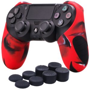 YoRHa Silicone Half Extra Thick Cover Skin Case for Sony PS4/slim/Pro Dualshock 4 Controller x 1(Camouflage red) with Pro Thumb Grips x 8