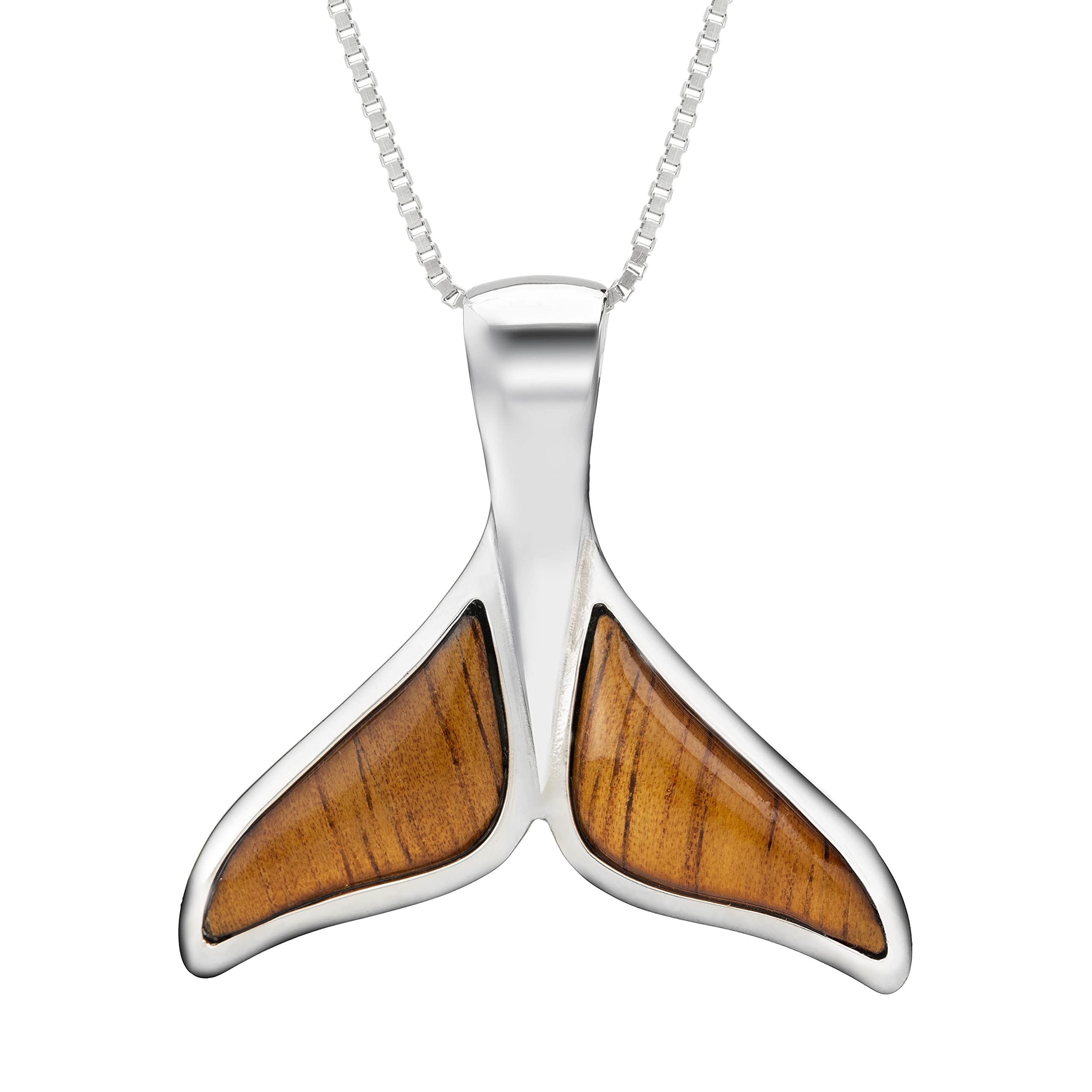 925 Sterling Silver Koa Wood Hawaiian Whale Tail Necklace Pendant with 18" Box Chain, Nickle Free Hypoallergenic for Sensitive Skin, Ocean Sea Life, Gift Box Included (Y Whale Tail - large)