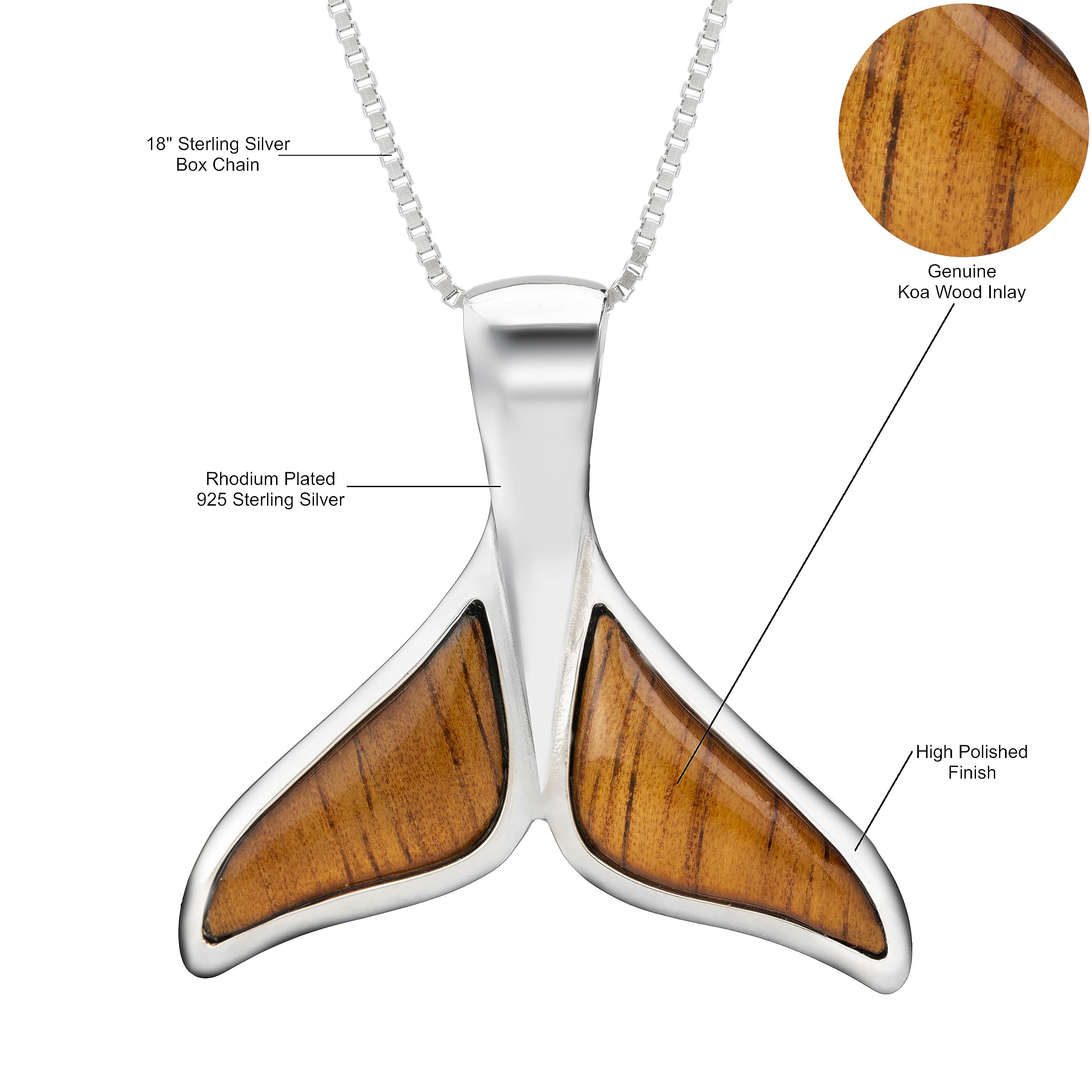 925 Sterling Silver Koa Wood Hawaiian Whale Tail Necklace Pendant with 18" Box Chain, Nickle Free Hypoallergenic for Sensitive Skin, Ocean Sea Life, Gift Box Included (Y Whale Tail - large)