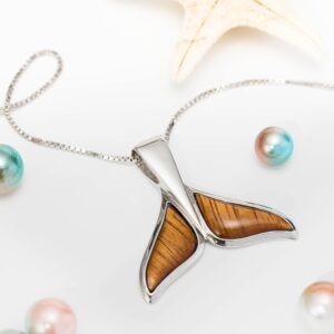 925 Sterling Silver Koa Wood Hawaiian Whale Tail Necklace Pendant with 18" Box Chain, Nickle Free Hypoallergenic for Sensitive Skin, Ocean Sea Life, Gift Box Included (Y Whale Tail - large)