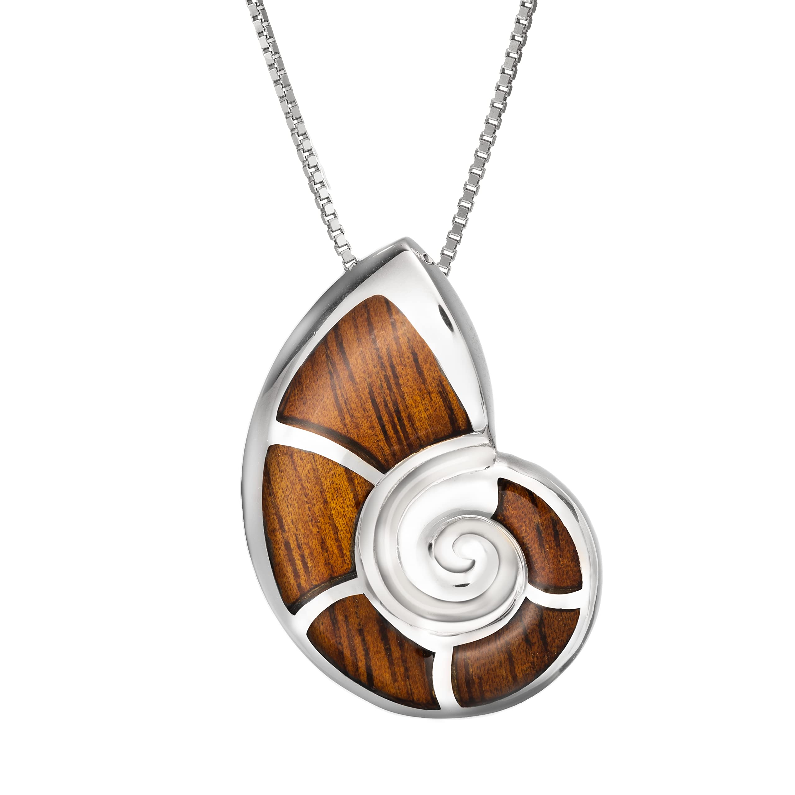 925 Sterling Silver Koa Wood Nautilus Shell Necklace Pendant with 18" Box Chain, Nickel Free Hypoallergenic for Sensitive Skin, Sea Ocean Hawaii Jewelry, Gift Box Included