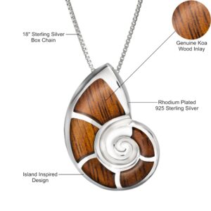 925 Sterling Silver Koa Wood Nautilus Shell Necklace Pendant with 18" Box Chain, Nickel Free Hypoallergenic for Sensitive Skin, Sea Ocean Hawaii Jewelry, Gift Box Included