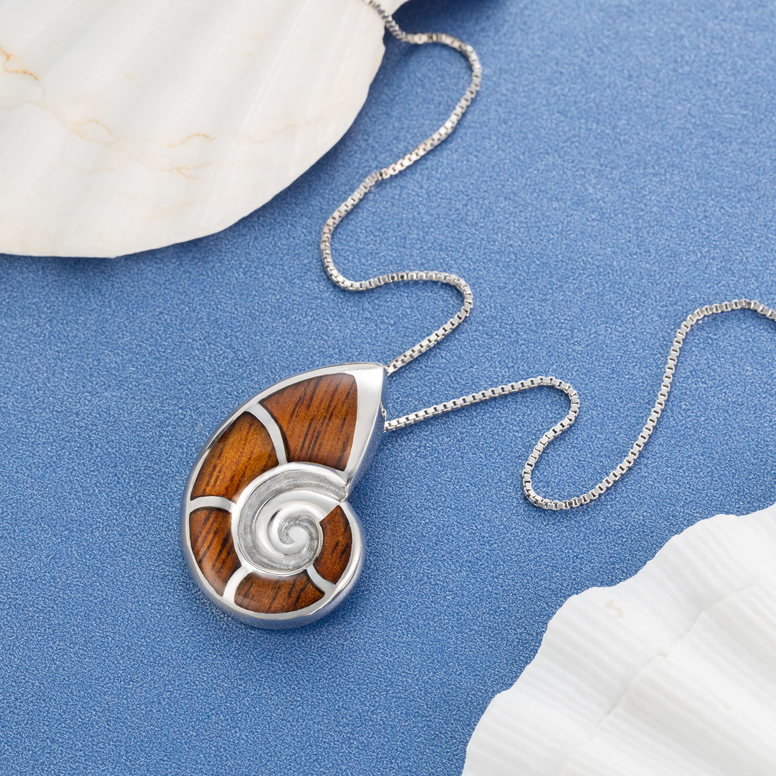 925 Sterling Silver Koa Wood Nautilus Shell Necklace Pendant with 18" Box Chain, Nickel Free Hypoallergenic for Sensitive Skin, Sea Ocean Hawaii Jewelry, Gift Box Included