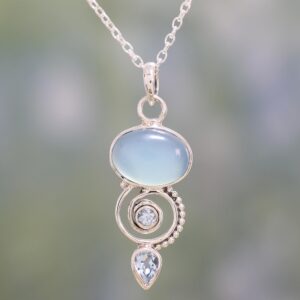 NOVICA Artisan Blue Topaz and Chalcedony Pendant Necklace from India Sterling Silver Birthstone [18 in L 2 mm W Pendant(s) 1.8 in L x 0.7 in W x 0.2 in D] ' Sentimental Journey'