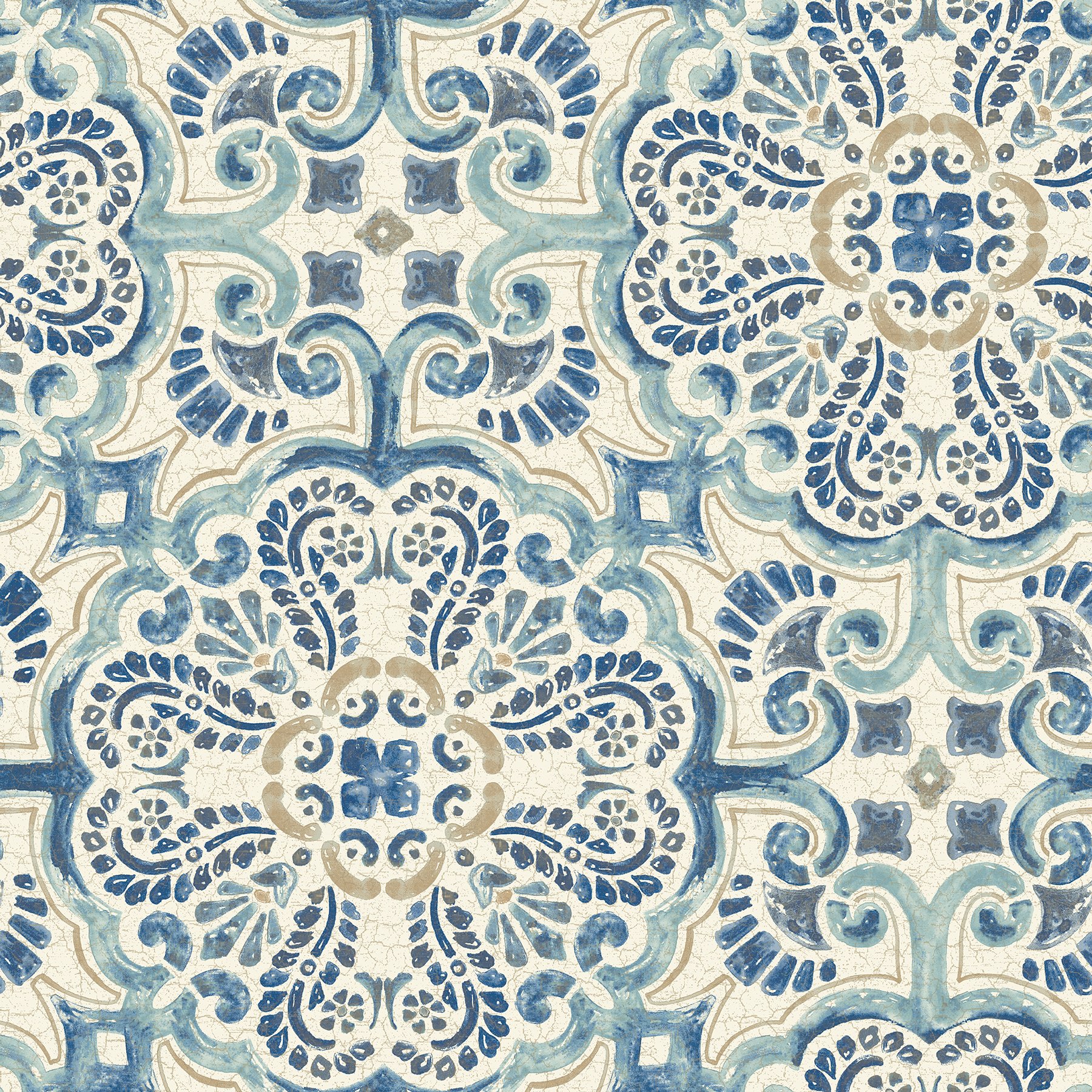 NuWallpaper NU2235 Florentine Tile Peel & Stick Wallpaper, Blue