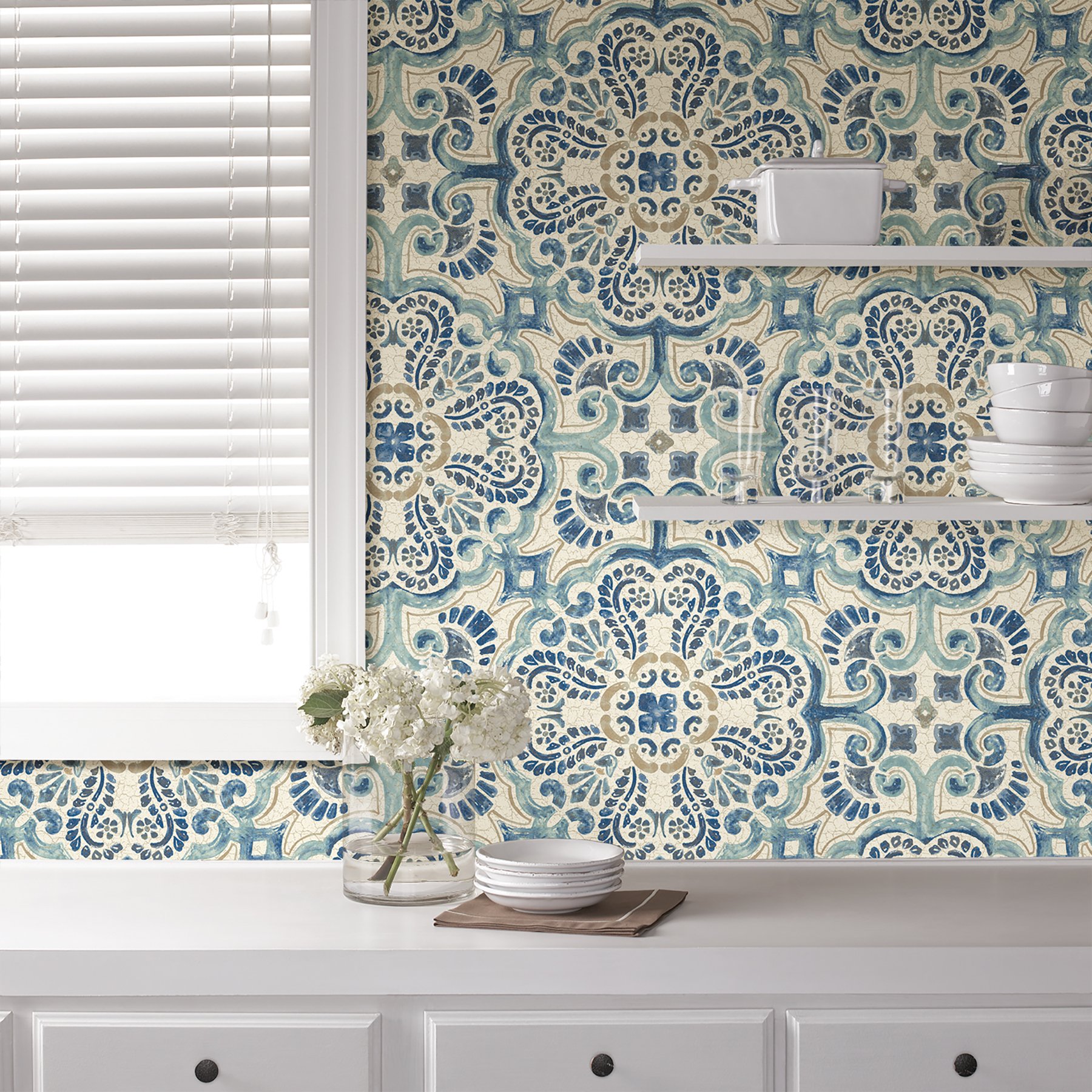 NuWallpaper NU2235 Florentine Tile Peel & Stick Wallpaper, Blue