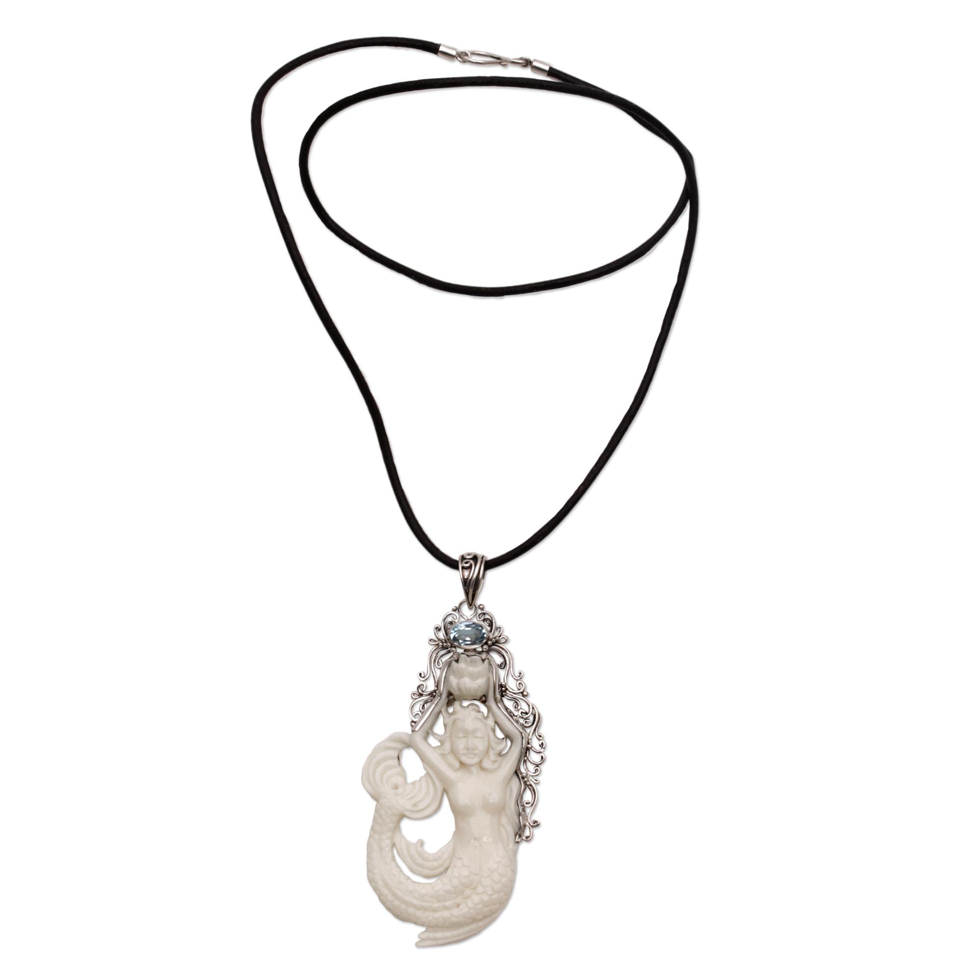 NOVICA Artisan Blue Topaz and Bone Pendant Necklace Sterling Silver Mermaid Leather Indonesia Animal Themed Birthstone Sea Lifemermaid [19.75 in L 2 mm W Pendant(s) 3 in H x 1.4 in W x 0.3 in D] '