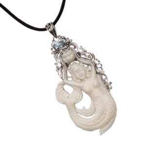 NOVICA Artisan Blue Topaz and Bone Pendant Necklace Sterling Silver Mermaid Leather Indonesia Animal Themed Birthstone Sea Lifemermaid [19.75 in L 2 mm W Pendant(s) 3 in H x 1.4 in W x 0.3 in D] '