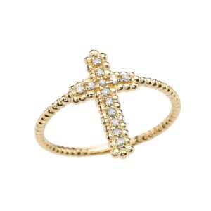 14k yellow gold dainty diamond cross beaded index ring(size 6)