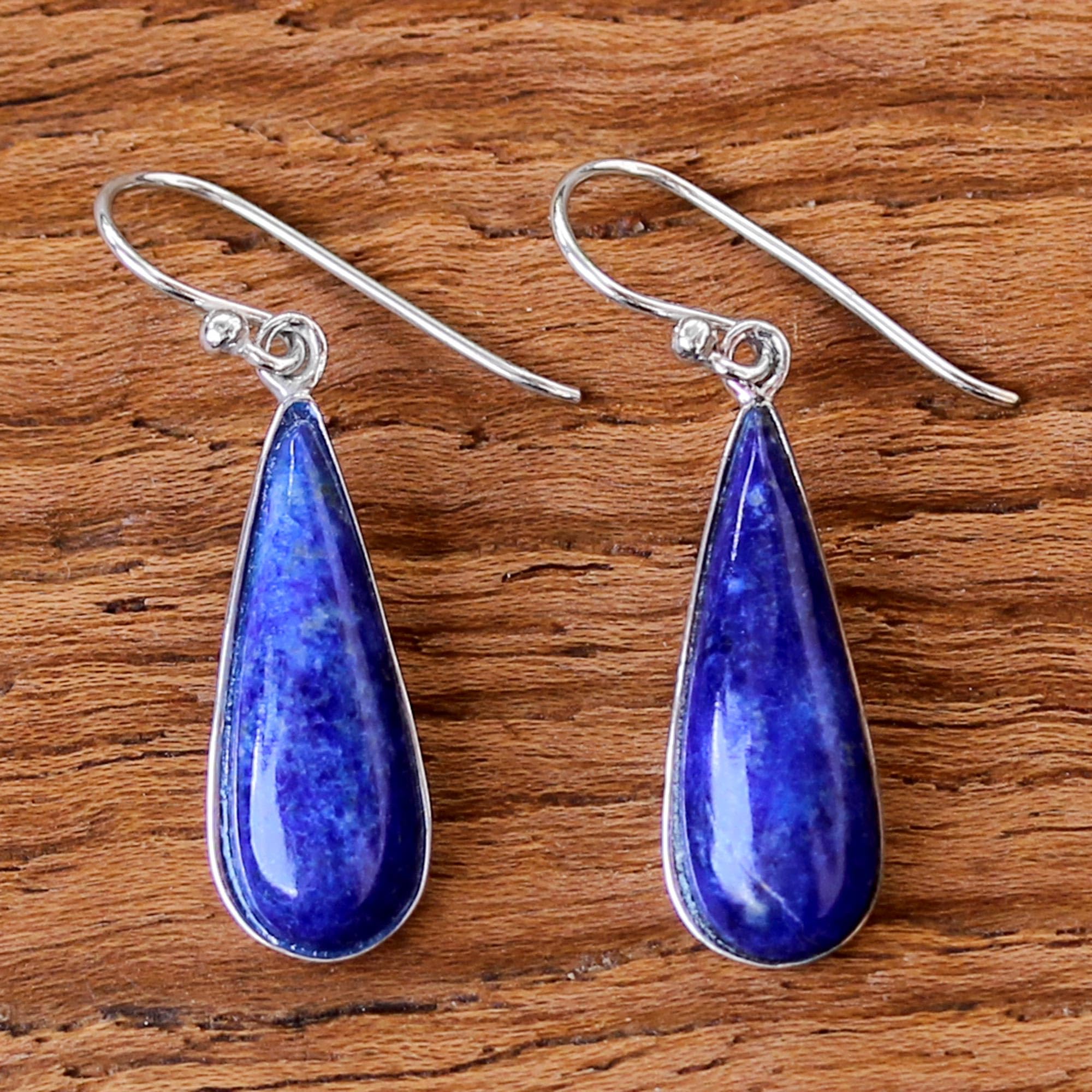 NOVICA Artisan Lapis Lazuli Dangle Earrings Lapiz Sterling Silver from Thailand Rhodium Plated Blue Statement Birthstone [1.4 in L x 0.4 in W] ' Morning Raindrops'