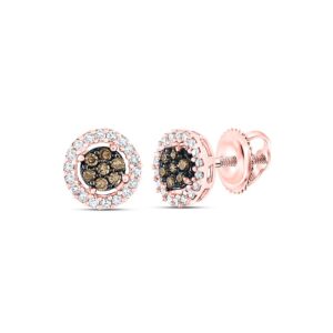 10k rose gold chocolate brown diamond flower halo screwback stud earrings 1/4 ctw.