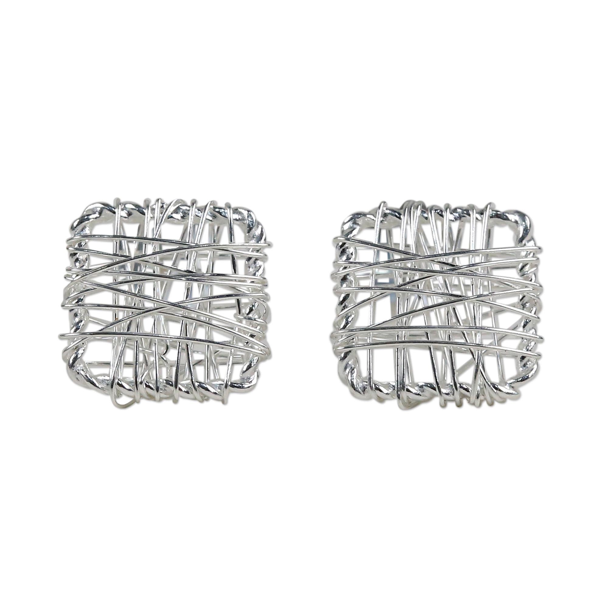 NOVICA Artisan Sterling Silver Stud Earrings Wrap Square Made Thailand No Stone Geometric [0.3 in L x 0.3 in W] ' Crisscross Square'