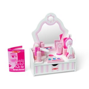 melissa & doug wooden beauty salon play set with vanity and accessories (18 pcs) - fsc certified