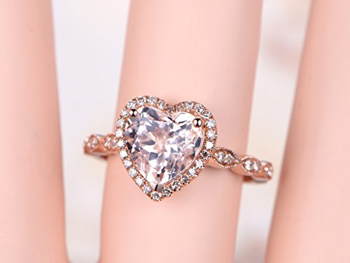 8mm Heart Shaped Cut Pink Morganite 14k Rose Gold Diamond Halo Marquise Engagement Ring Wedding Band