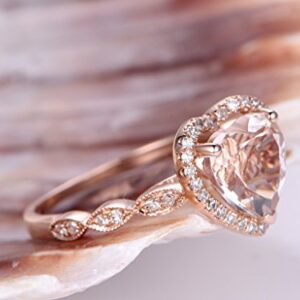 8mm Heart Shaped Cut Pink Morganite 14k Rose Gold Diamond Halo Marquise Engagement Ring Wedding Band