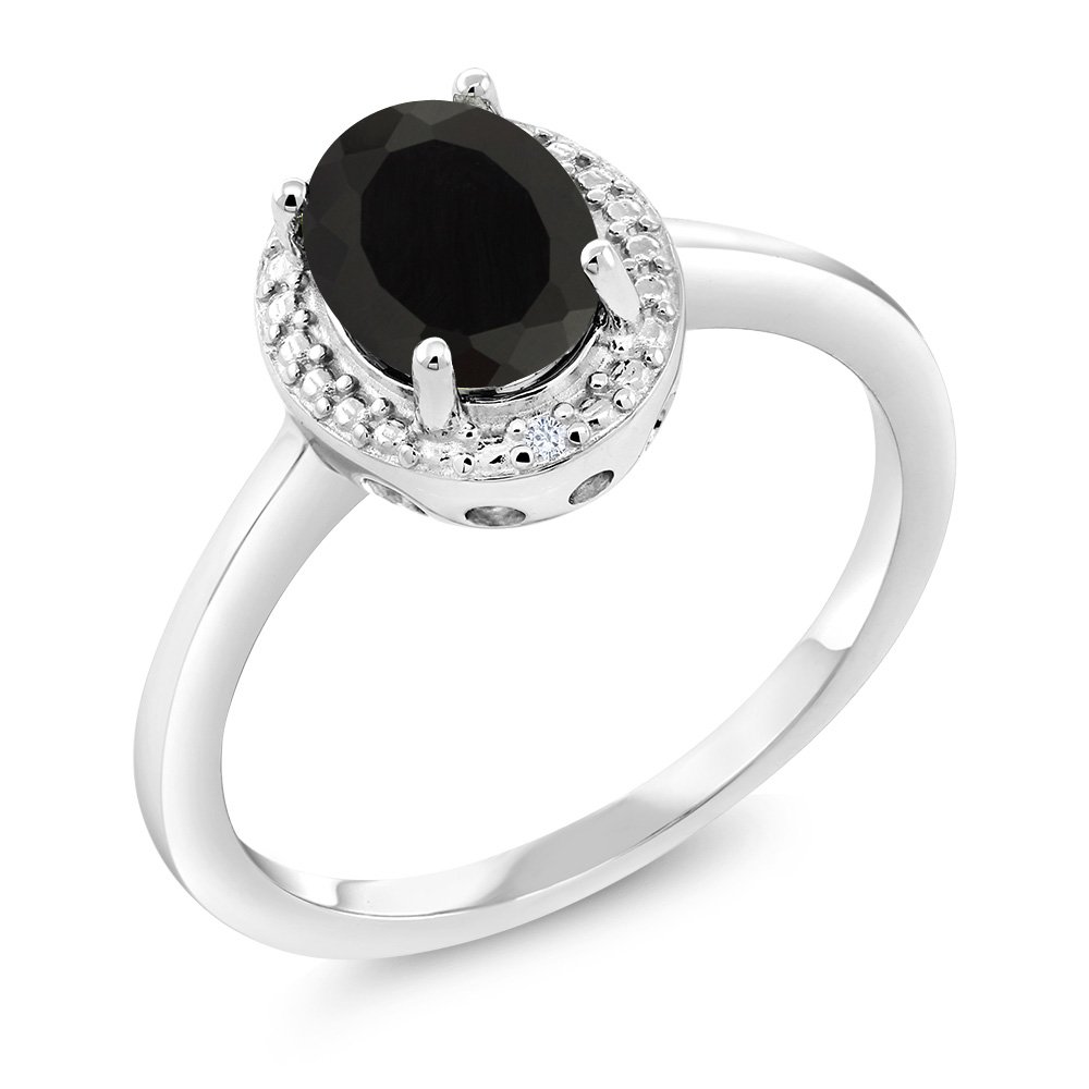 Gem Stone King 925 Sterling Silver Black Onyx and White Diamond Engagement Ring For Women | 1.26 Cttw | Gemstone December Birthstone | Oval 8X6MM | Available In Size 5-9