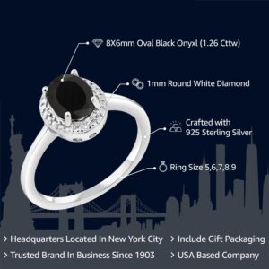 Gem Stone King 925 Sterling Silver Black Onyx and White Diamond Engagement Ring For Women | 1.26 Cttw | Gemstone December Birthstone | Oval 8X6MM | Available In Size 5-9