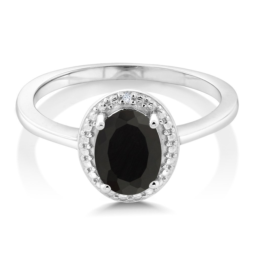 Gem Stone King 925 Sterling Silver Black Onyx and White Diamond Engagement Ring For Women | 1.26 Cttw | Gemstone December Birthstone | Oval 8X6MM | Available In Size 5-9