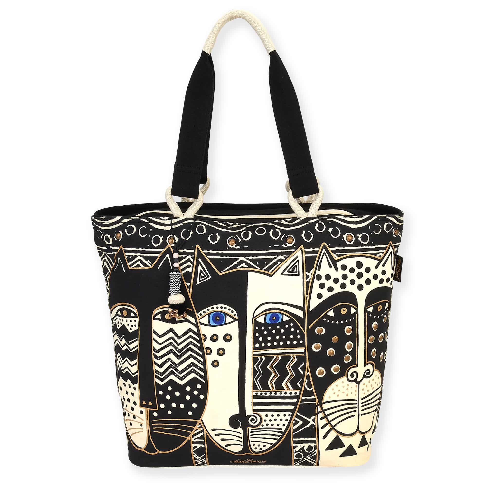 Laurel Burch Wild Cat Black & White Shoulder Tote, 20.5" x 6.5" x 15"