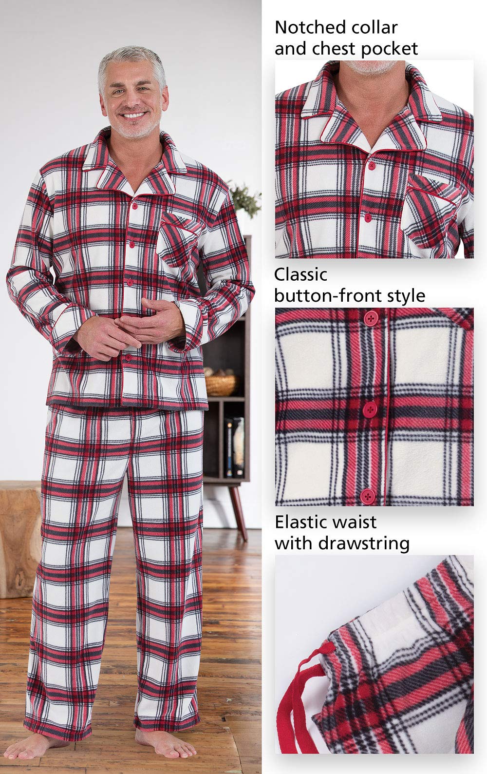 PajamaGram Pajamas for Men Fleece - Plaid Mens Christmas Pajamas, Red, L